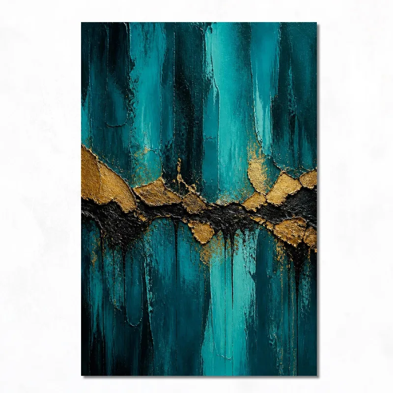 Toile artistique texture abstraite vert émeraude et or