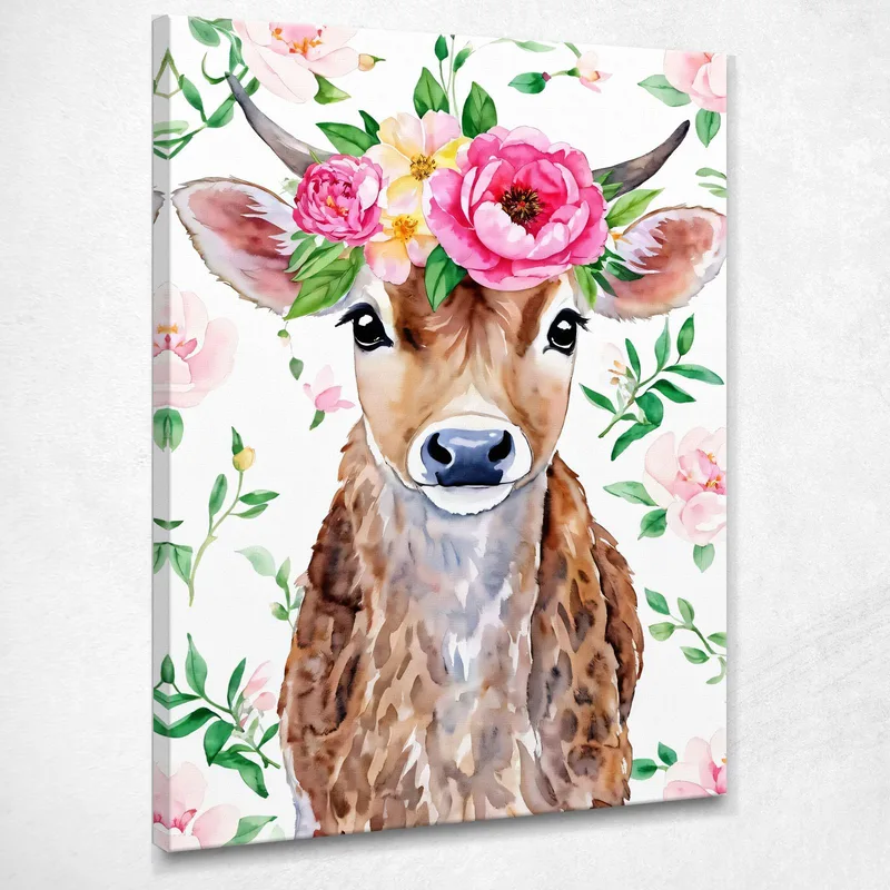 Quadro Per Nursery, Decorazione Cameretta, Mucca Dolce Con Corona Di Peonie quadro stampa su tela