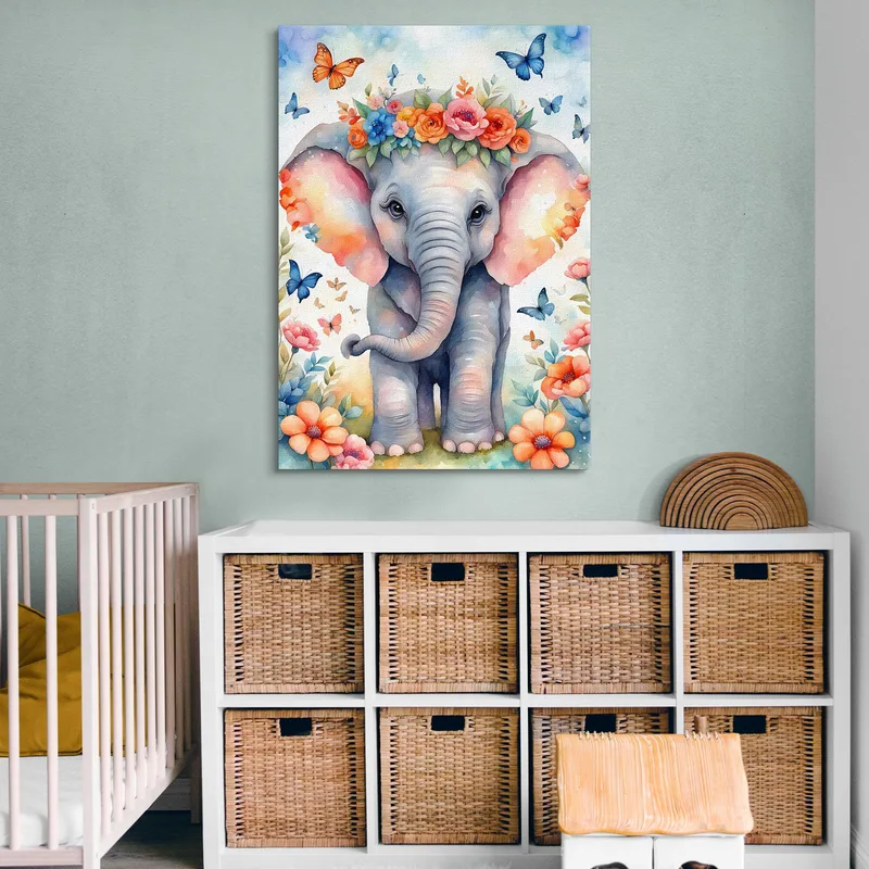 Painting For Baby Girl'S Bedroom Sweet Little Elephant With Flowers And Colored Butterflies