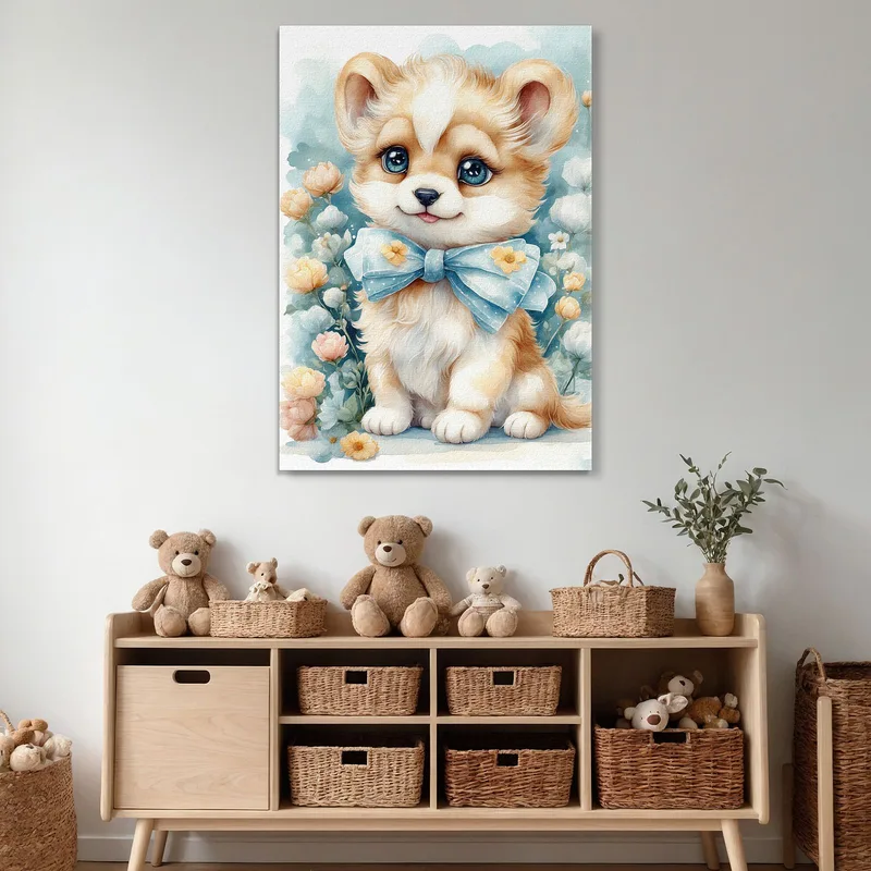 Baby Picture Nursery Decoration Puppy With Bow And Floral Decorations