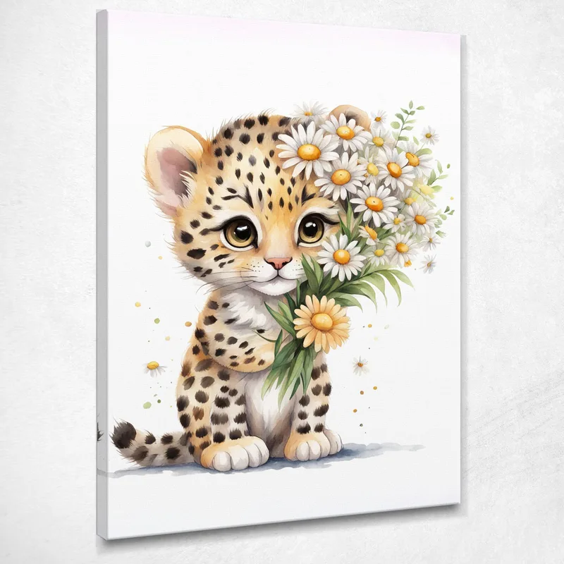 Decorazione Nursery, Quadro Per Bimbo E Bimba, Cucciolo Di Leopardo Con Margherite quadro stampa su tela