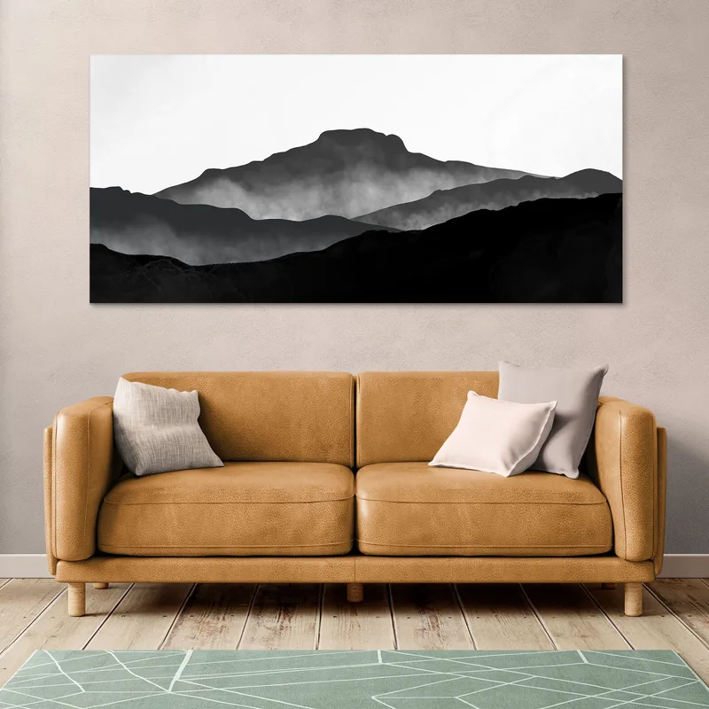 Pintura De Paisaje Abstracto. Paisaje Montañoso Brumoso Minimalista En Negro Y Gris.