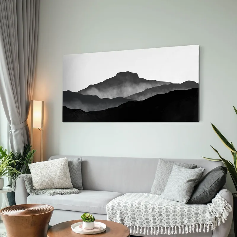 Pintura De Paisaje Abstracto. Paisaje Montañoso Brumoso Minimalista En Negro Y Gris.