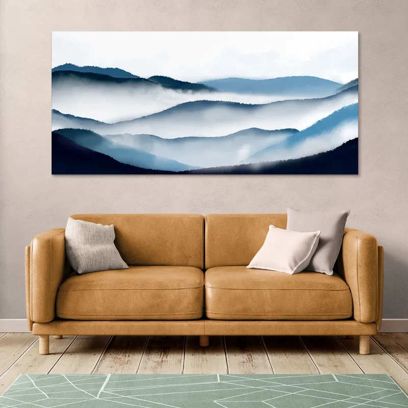Abstract Landscape Painting Art Blue Mountainous Landscape With Fog And Hills