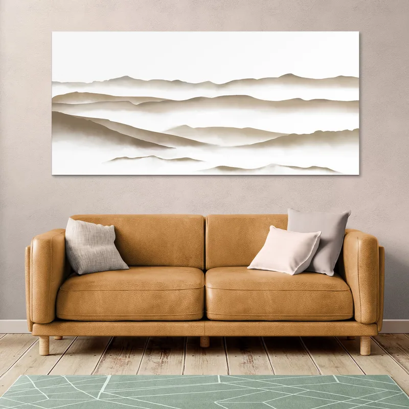 Pintura De Paisaje Abstracto Paisaje Montañoso Minimalista Beige Brumoso Y Blanco