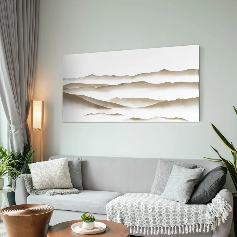 Pintura De Paisaje Abstracto Paisaje Montañoso Minimalista Beige Brumoso Y Blanco
