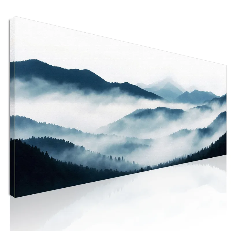 Quadro Paesaggio Astratto Montagna Nebbiosa Con Colline Blu E Foresta quadro stampa su tela