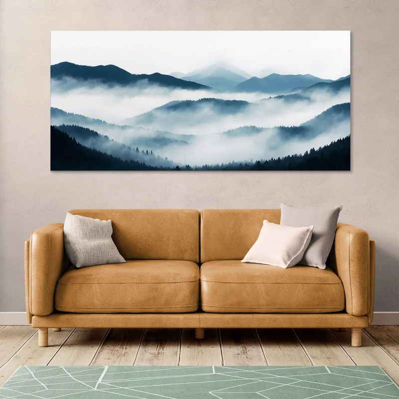 Quadro Paesaggio Astratto Montagna Nebbiosa Con Colline Blu E Foresta