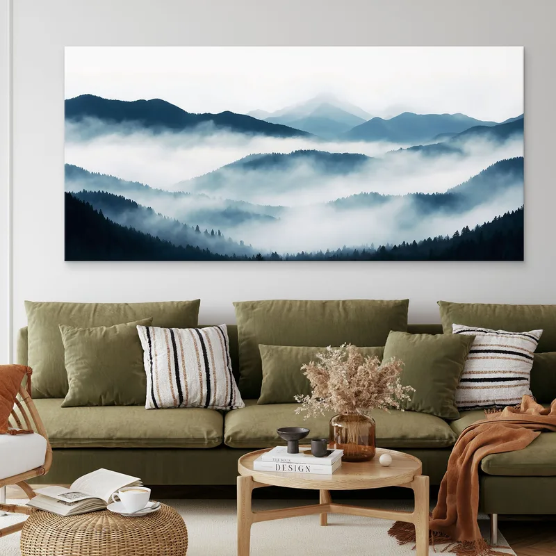 Quadro Paesaggio Astratto Montagna Nebbiosa Con Colline Blu E Foresta