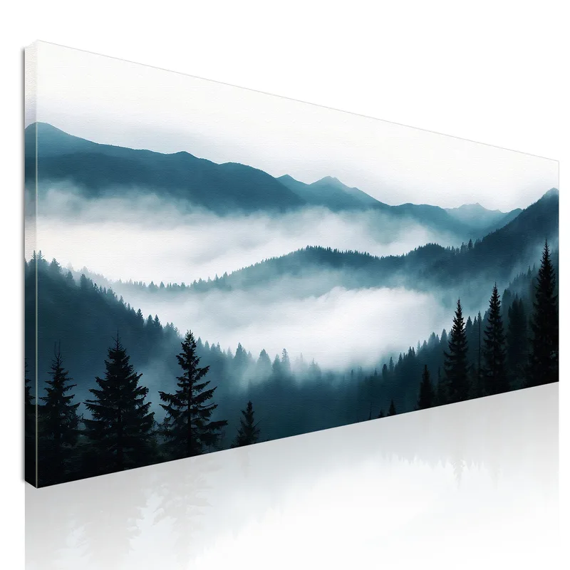 Quadro Paesaggio Astratto Montagna Nebbiosa Foresta Di Pini Scenario Blu E Bianco quadro stampa su tela