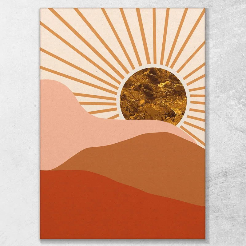 Malerei Boho Chic Minimal Sunrise Mit Goldener Sonne Und Orange Hills