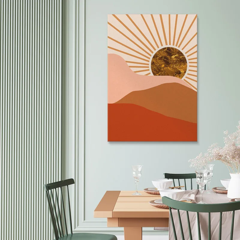 Malerei Boho Chic Minimal Sunrise Mit Goldener Sonne Und Orange Hills
