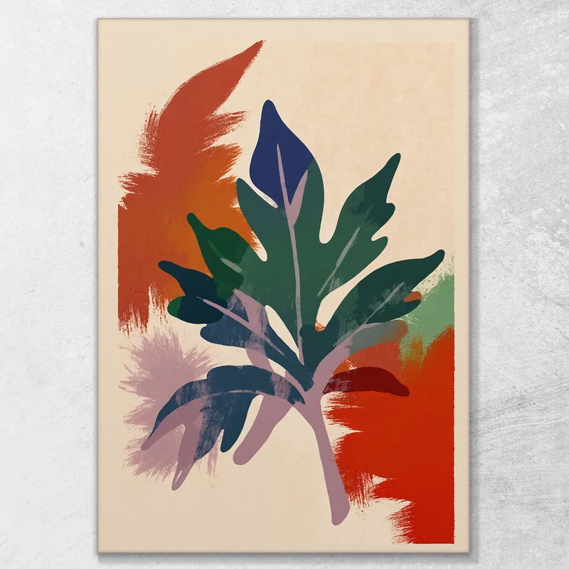 Quadro Boho Chic Minimal Motivo Botanico Con Foglie Verdi E Sfondo Colorato