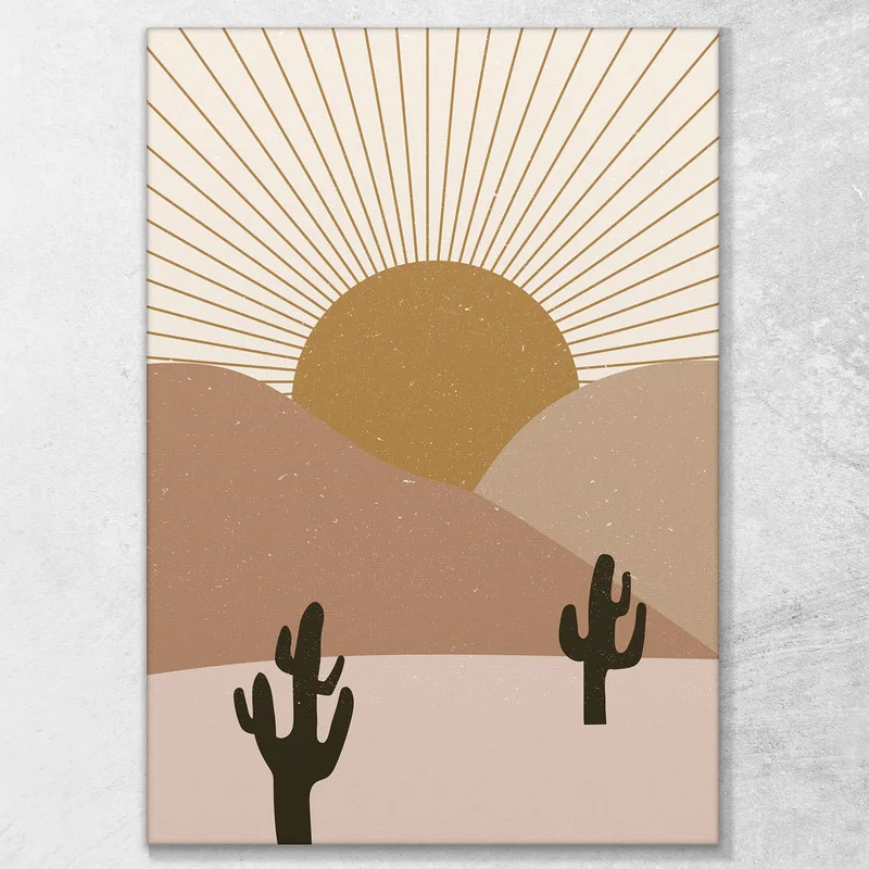 Boho Chic Minimal Framework Desert Landscape With Cactus At Sunset
