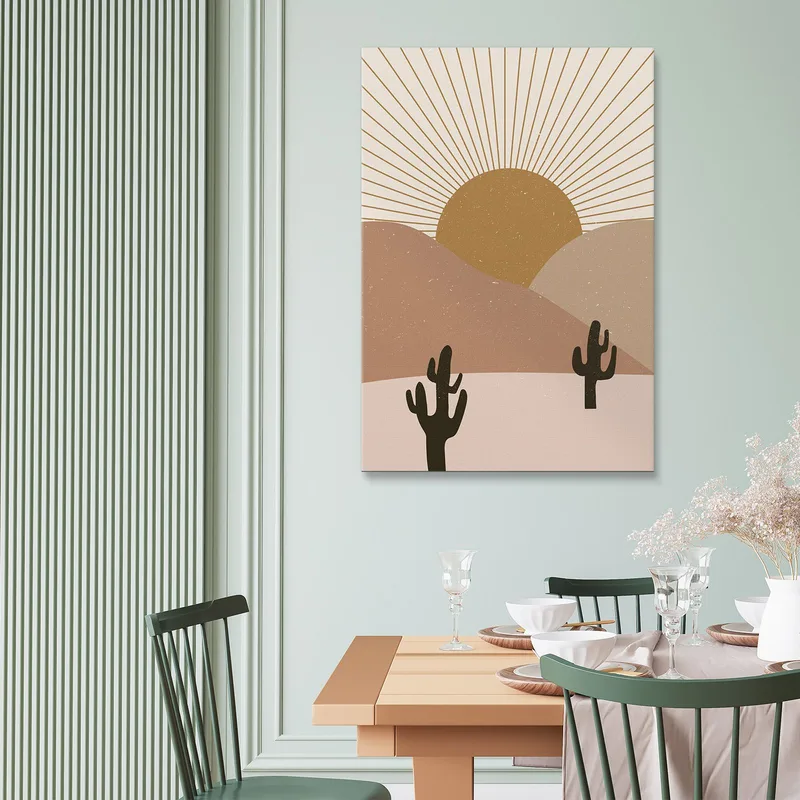 Boho Chic Minimal Framework Desert Landscape With Cactus At Sunset