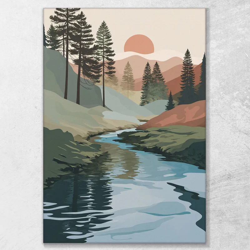 Paysage Naturel À Cadre Minimal Boho Chic Avec Rivière Pins Et Montagnes