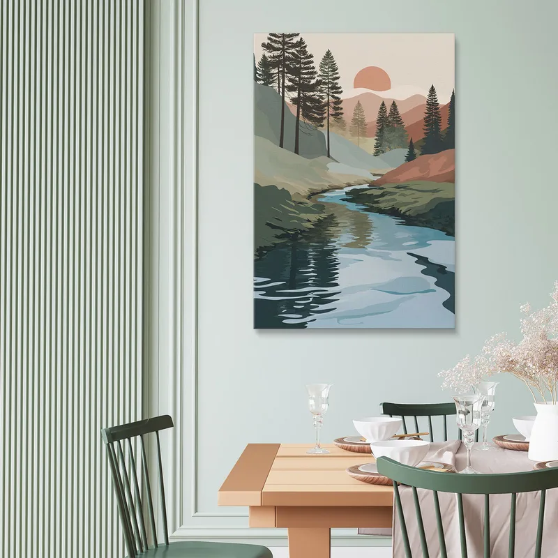 Paysage Naturel À Cadre Minimal Boho Chic Avec Rivière Pins Et Montagnes