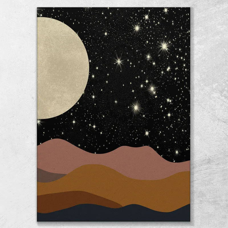 Boho Chic Minimal Framework Nachtlandschaft Mit Mond Und Sternen