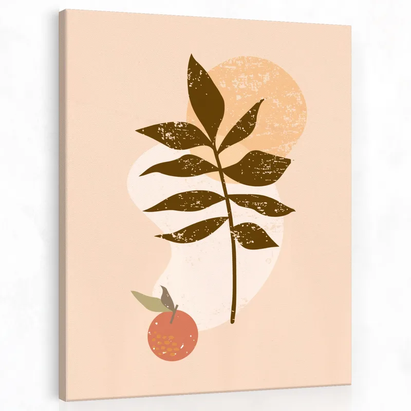 Lienzo artistico hoja botánica minimalista con acento naranja