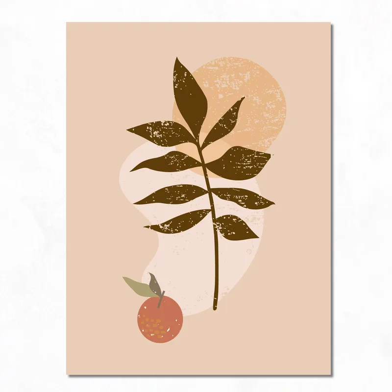 Lienzo artistico hoja botánica minimalista con acento naranja