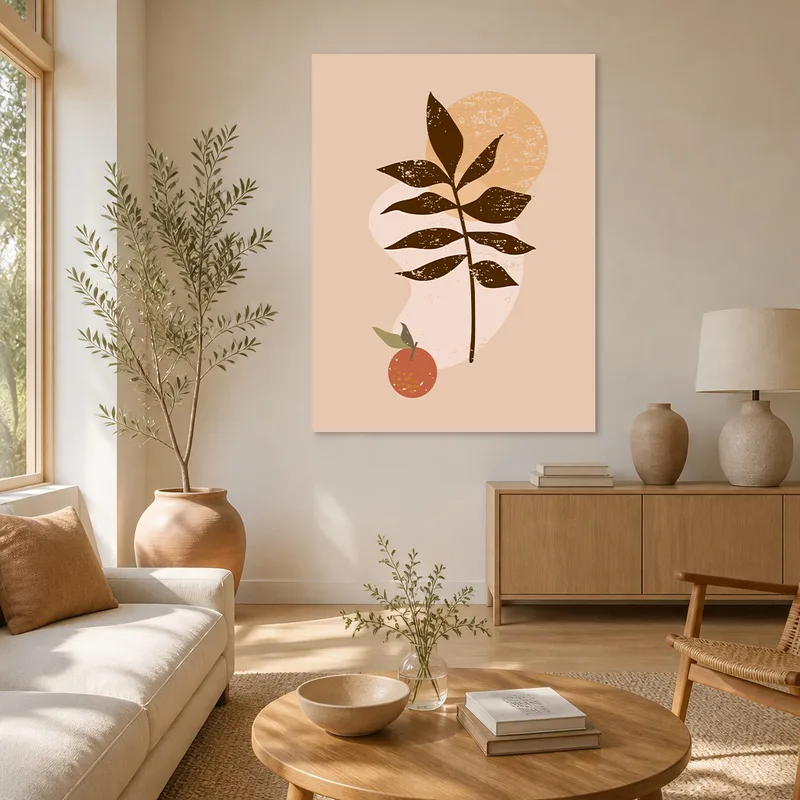 Lienzo artistico hoja botánica minimalista con acento naranja