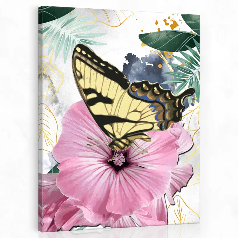 Papillon sur Hibiscus Rose tableau moderne