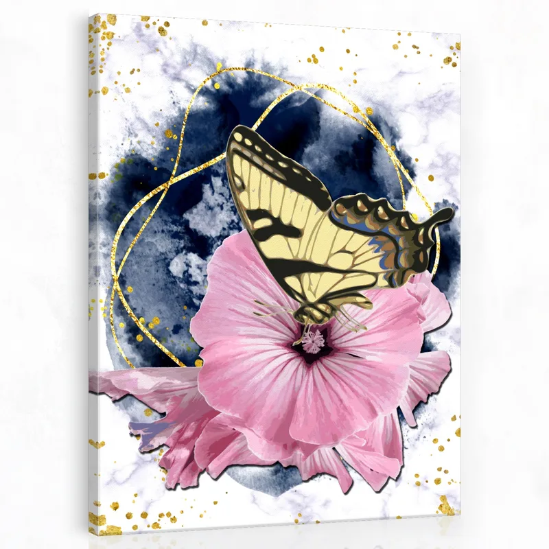 Toile artistique papillon sur hibiscus rose