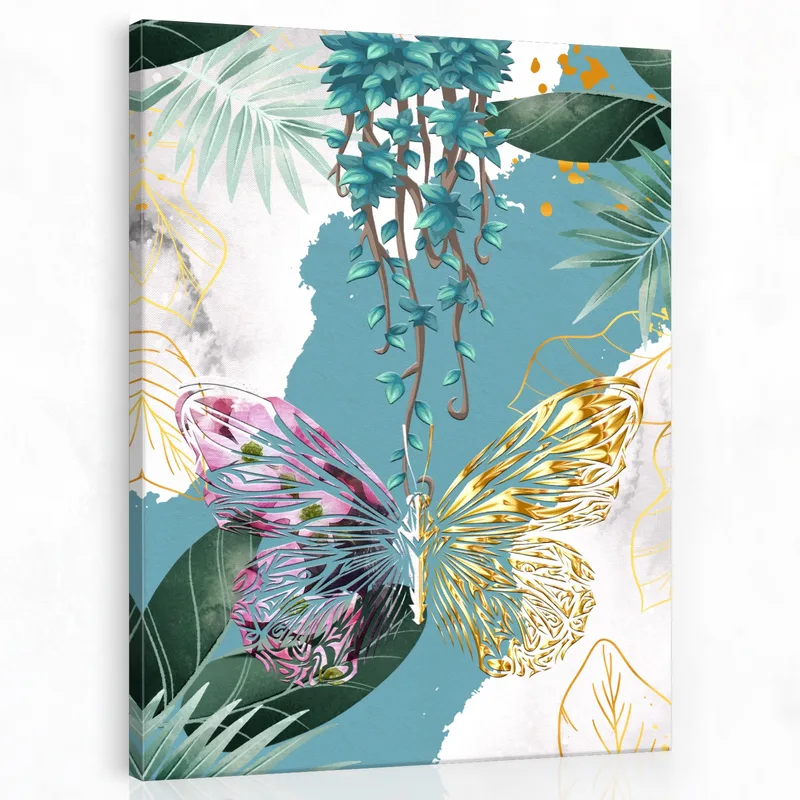 Toile artistique papillon botanique or et rose