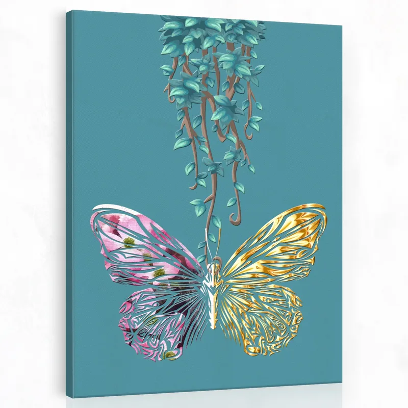 Papillon Bicolore avec Feuillage tableau sur toile