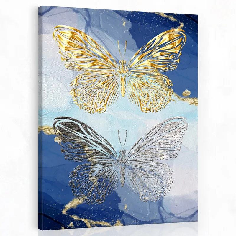 Toile artistique papillons dorés et argentés sur bleu