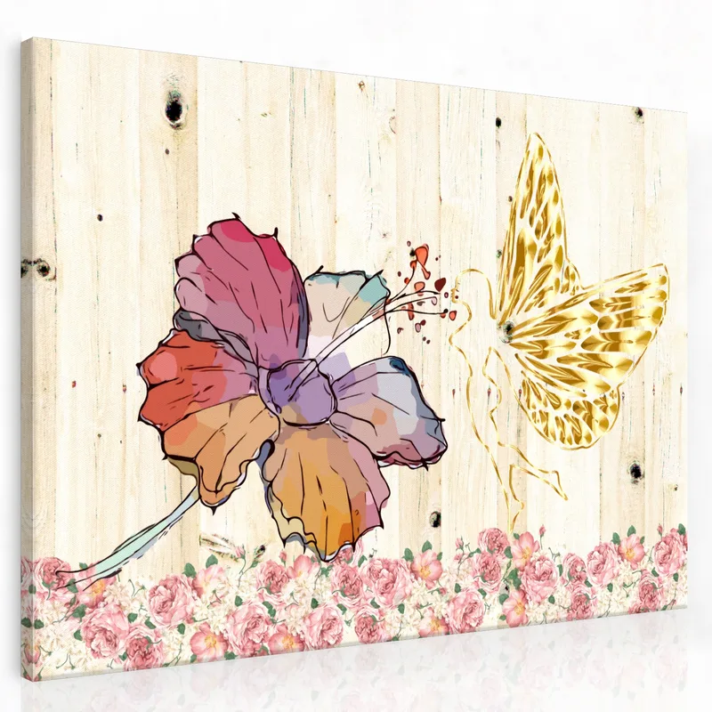 Toile artistique papillon abstrait et harmonie florale
