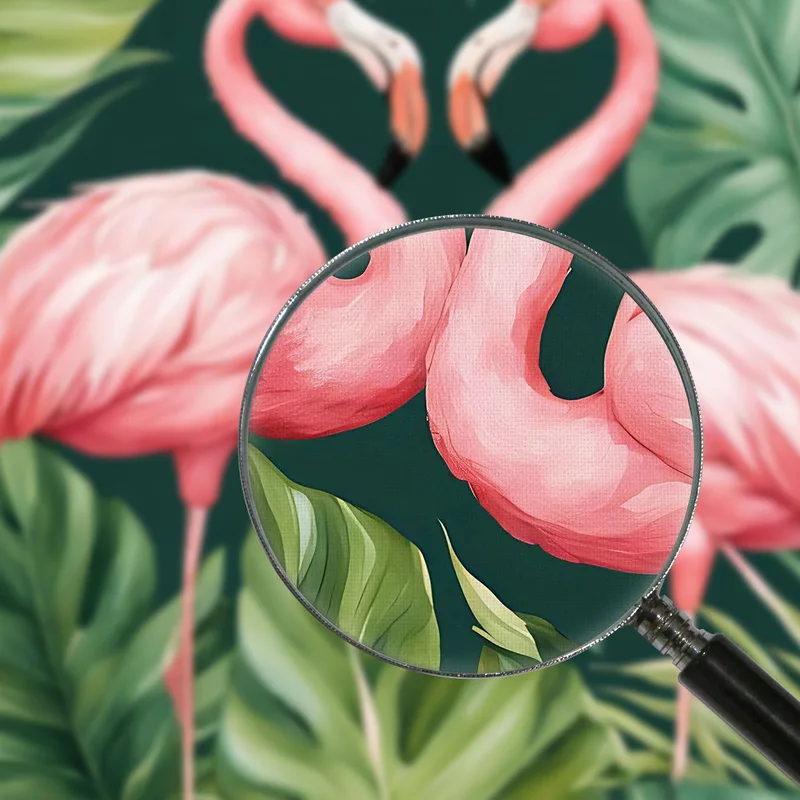 Moderne Botanische Malerei. Verliebte Flamingos Zwischen Grünen Blättern Die Ein Herz Bilden
