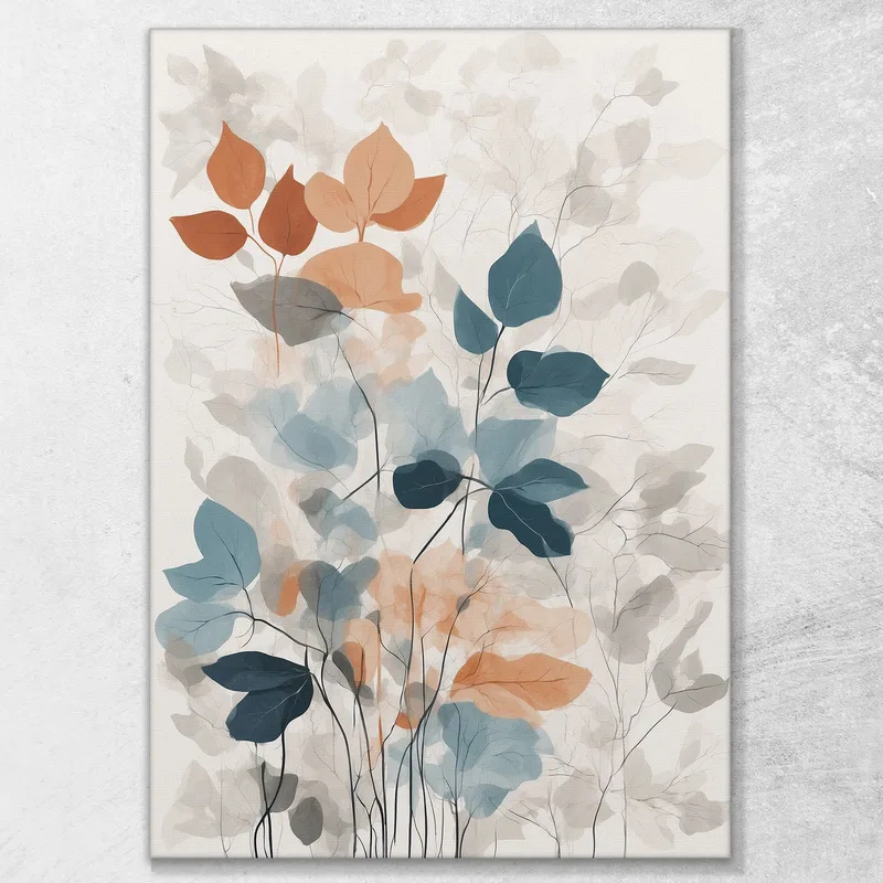 Quadro Botanico Moderno Foglie Sfumate In Blu Arancio E Grigio