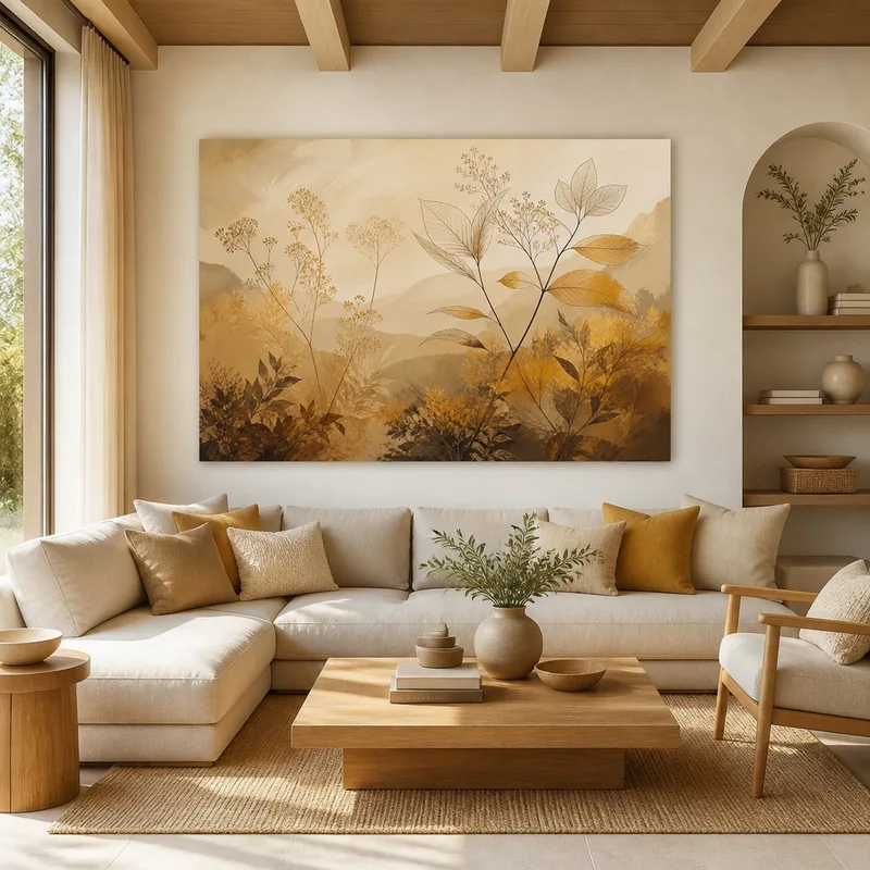 Quadro moderno paesaggio botanico dorato