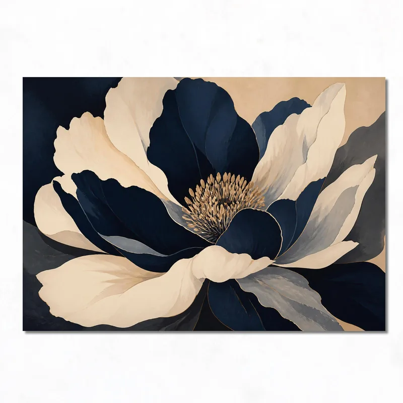Toile artistique élégance florale bleu marine et crème