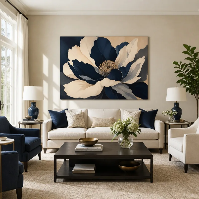 Toile artistique élégance florale bleu marine et crème