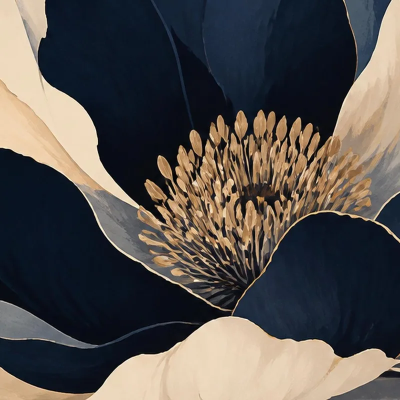 Toile artistique élégance florale bleu marine et crème