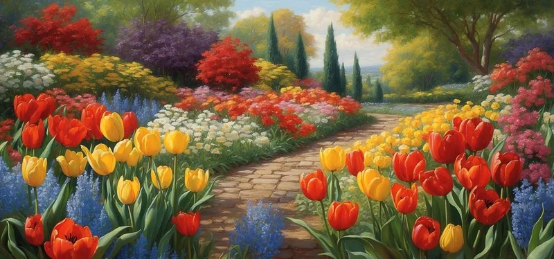 Quadro Botanico Giardino Fiorito Con Sentiero Tra Tulipani Colorati