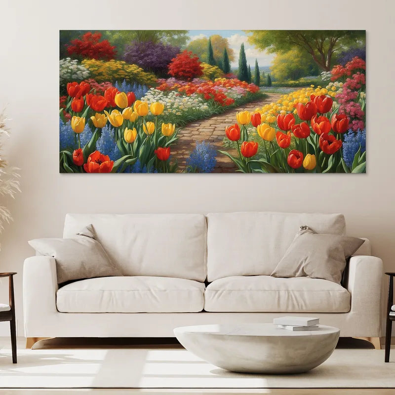 Quadro Botanico Giardino Fiorito Con Sentiero Tra Tulipani Colorati
