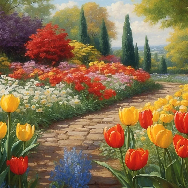 Quadro Botanico Giardino Fiorito Con Sentiero Tra Tulipani Colorati