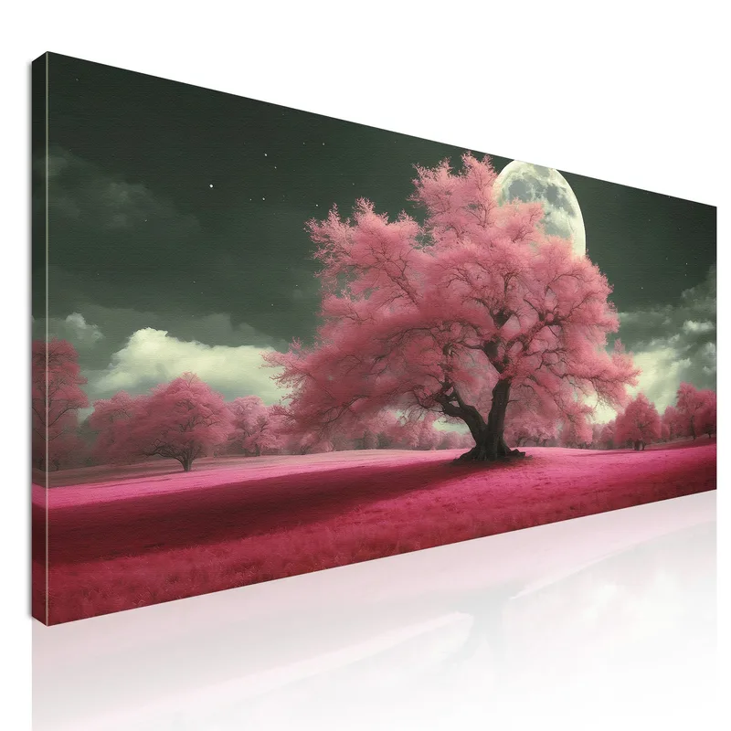 Quadro Botanico Paesaggio Notturno Con Alberi Rosa E Luna Piena Fantasy quadro stampa su tela