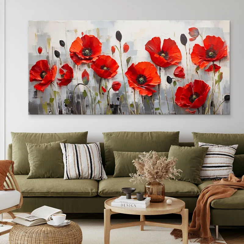 Quadro Botanico Papaveri Rossi Su Sfondo Grigio Moderno