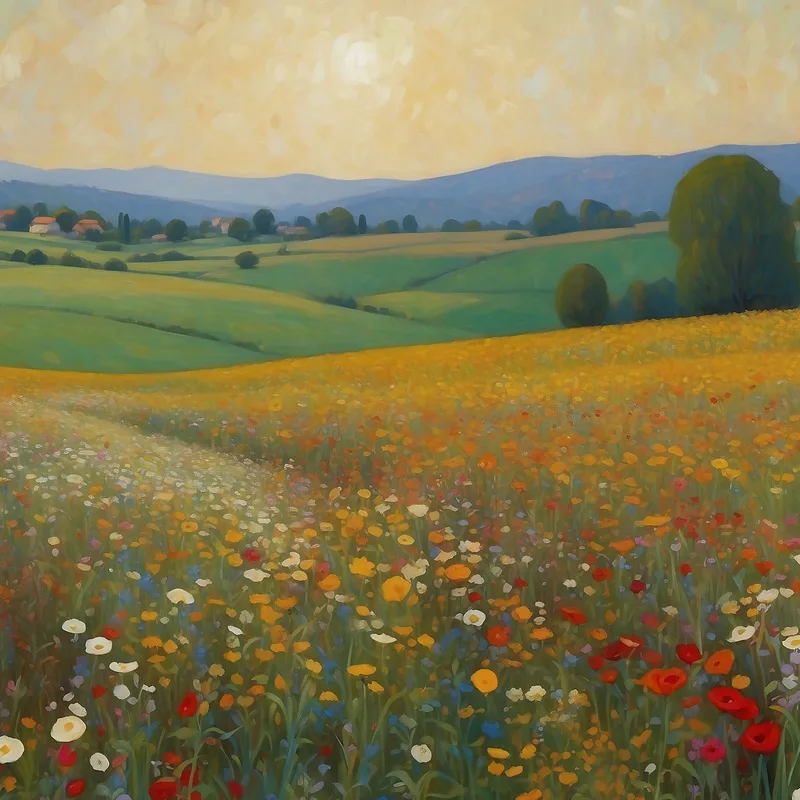Quadro Botanico Tramonto Dorato Su Campo Fiorito