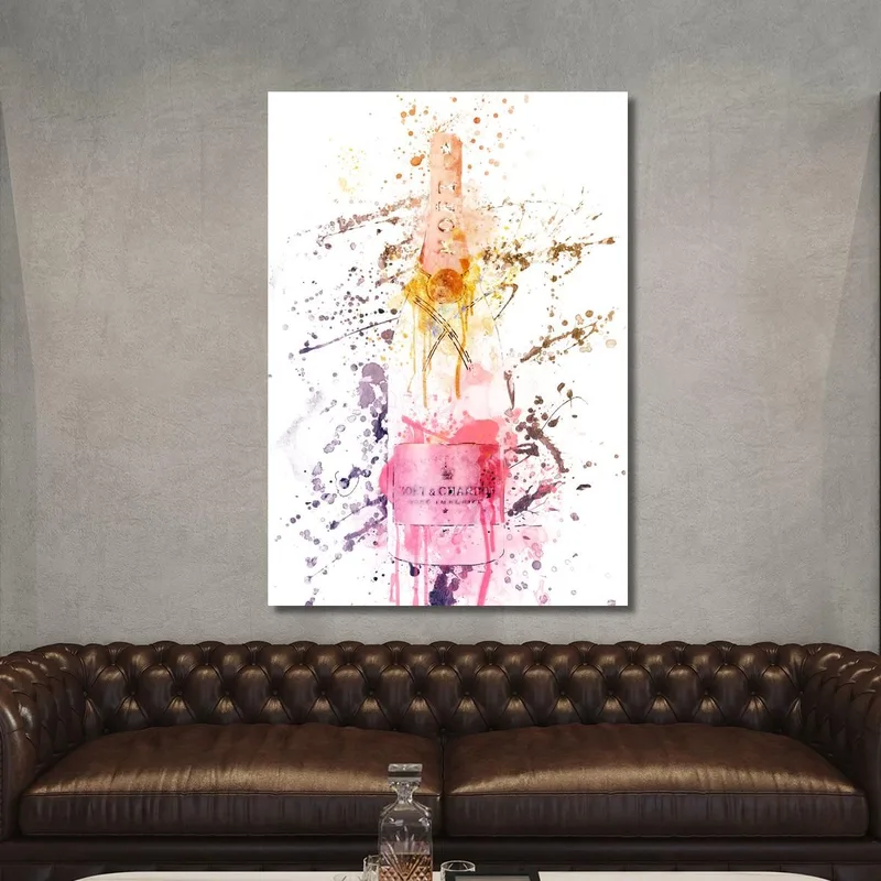 Cuadro Abstracto Moderno De Champán Moet Et Chandon En Color Rosa Con Salpicaduras Negras