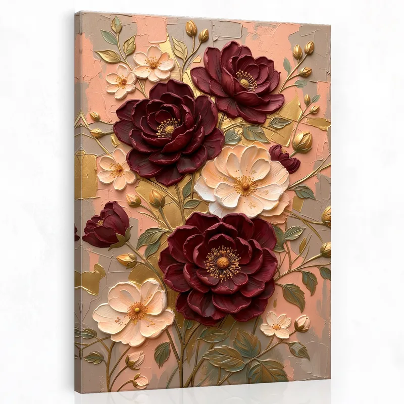 Burgundy and Cream Floral Elegance canvas wall art
