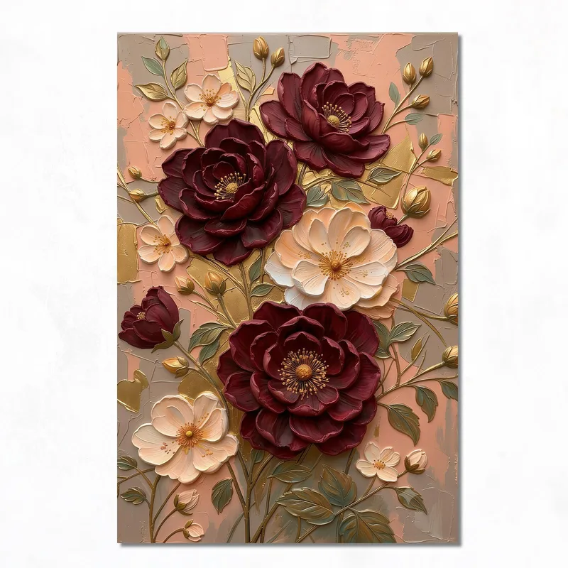 Burgundy and Cream Floral Elegance canvas wall art