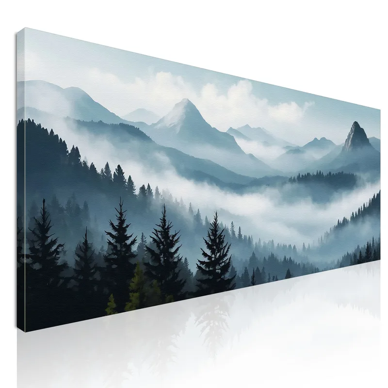 Quadro Paesaggio Astratto Montagna Nebbiosa Foresta Di Pini Scenario Blu E Grigio quadro stampa su tela