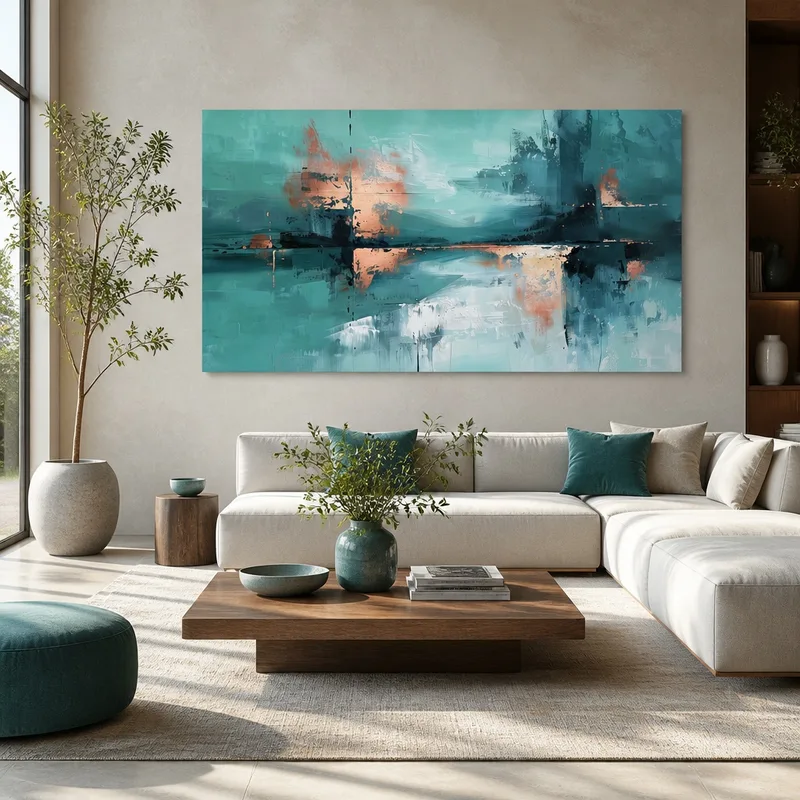 Abstract Teal and Copper Reflections modern canvas