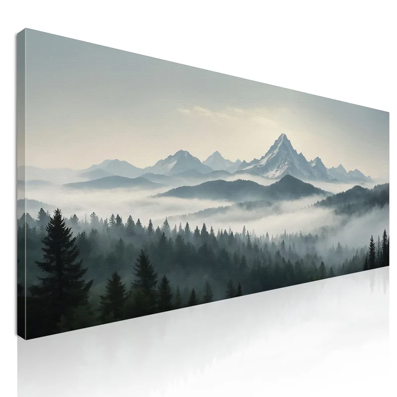 Quadro Paesaggio Astratto Paesaggio Di Montagna Nebbioso Con Vette Innevate E Foresta Verde quadro stampa su tela