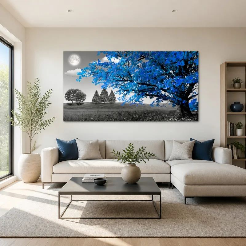 Impresion en lienzo paisaje de árbol iluminado por la luna azul